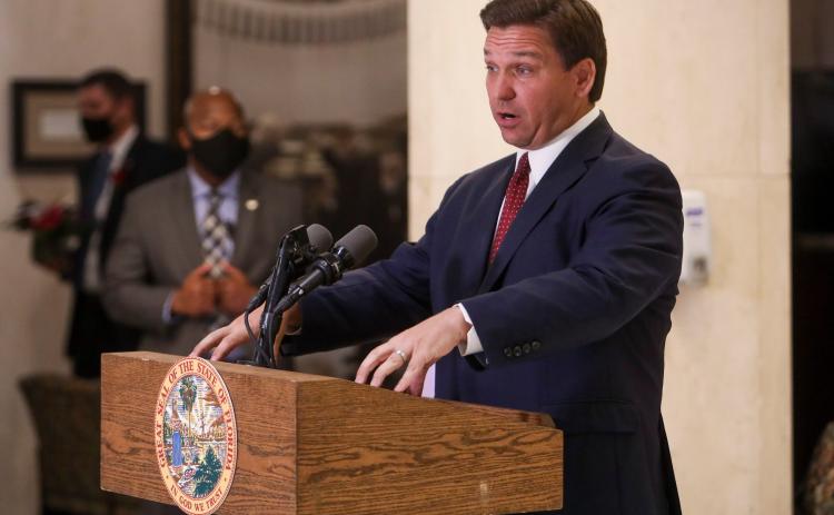 Gov. Ron DeSantis speaks during a press conference following the State of the State address during the joint session of the Florida Legislature at the Capitol in Tallahassee on March 2. (IVY CEBALLO/Tampa Bay Times/TNS)