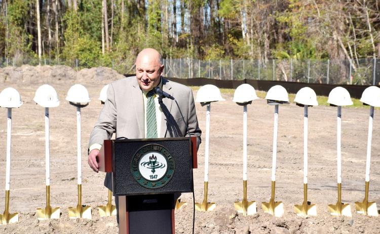 Florida Gateway College President Larry Barrett speaks Friday at the groundbreaking ceremony for the college’s new STEM building. (COURTESY)