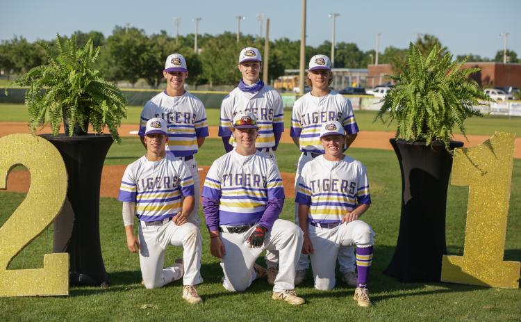 Columbia seniors Mason Gray (back row going clockwise), Bryant Green, Parker Steele, Ty Wehinger, Reagan McCormick and Cole Williams were honored for Senior Night prior to Thursday’s game against Hamilton County. (BRENT KUYKENDALL/Lake City Reporter)
