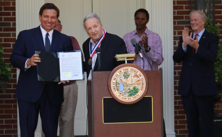 Florida Gov. Ron DeSantis gave the inaugural Florida Medal of Freedom to former Florida State football coach Bobby Bowden on Wednesday. (Courtesy of Gov. Ron DeSantis' Twitter account)