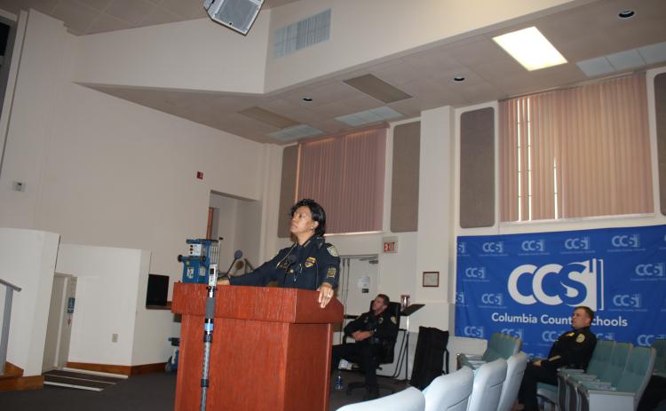 Lake City Police Chief Argatha Gilmore address the Lake City Council during a workshop Monday. (TONY BRITT/Lake City Reporter)