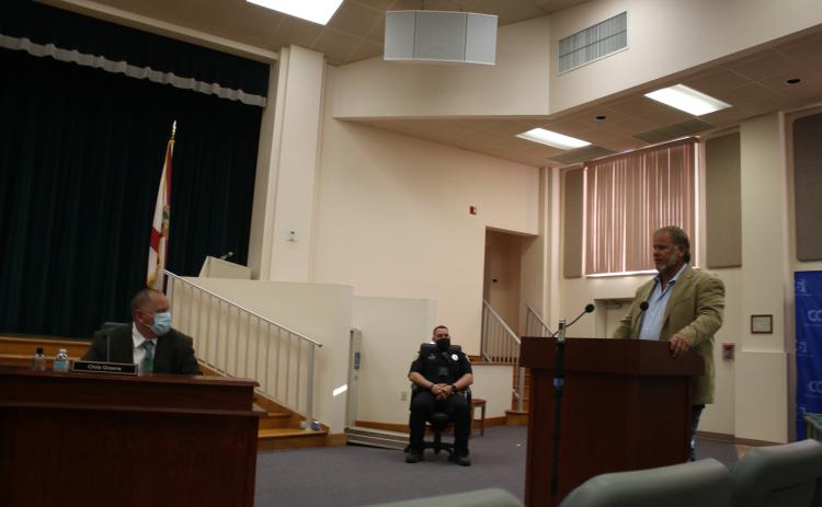 Robby Hollingsworth, a Columbia County commissioner, addressed the Lake City Council on Monday night about the ownership of Olustee Park. The county denied a quitclaim deed last week which would have granted the property to the city. The council announced its desire to retain ownership of the park Monday night. (TONY BRITT/Lake City Reporter)