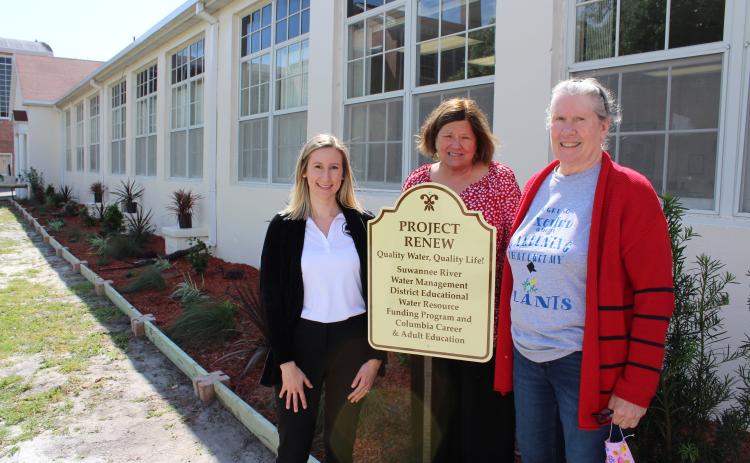 The Suwannee River Water Management District provided grant funding to the Columbia County School District for the ‘Quality Water, Quality Life’ project at the Columbia Career and Adult Education center. Pictured are Lindsey Covington (from left), the communications and outreach coordinator for the SRWMD, and Janora Crow and Kaye Johnson from Columbia Career and Adult Education. (COURTESY)