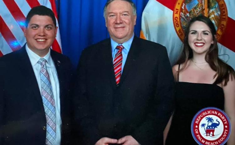 Hunter Peeler (from left) stands with former Secretary of State Mike Pompeo and Taylor Sikes at a Mar-a-Lago event. (COURTESY)