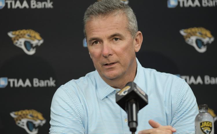 Jaguars head coach Urban Meyer listens to a question during a press conference last Friday at TIAA Bank Field. (BOB SELF/Florida Times-Union/TNS)