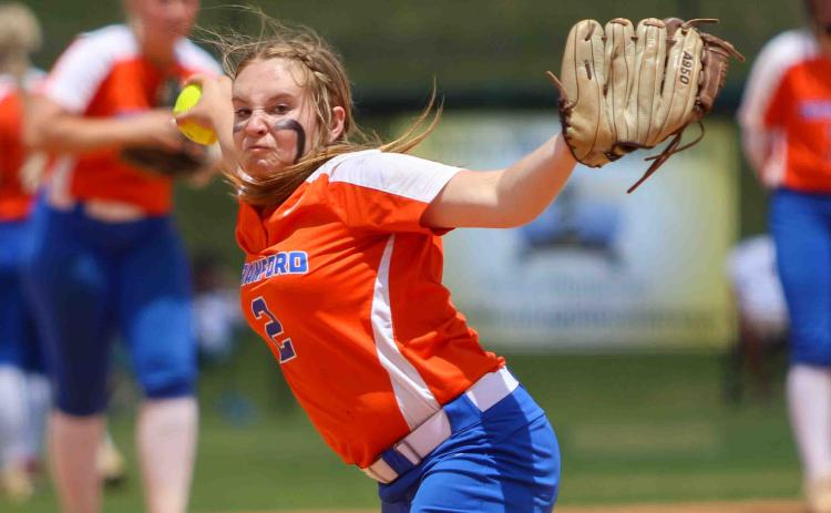 Branford pitcher Laila Arnold winds up to pitch against Trenton in the Class 1A state semifinals on May 17. (WILL TURNER/Special to the Reporter)