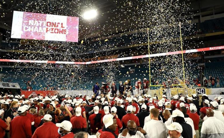 Alabama celebrates after defeating Ohio State 52-24 in the College Football Playoff National Championship game at Hard Rock Stadium on Jan. 11 in Miami Gardens. (MIKE EHRMANN/Getty Images/TNS)