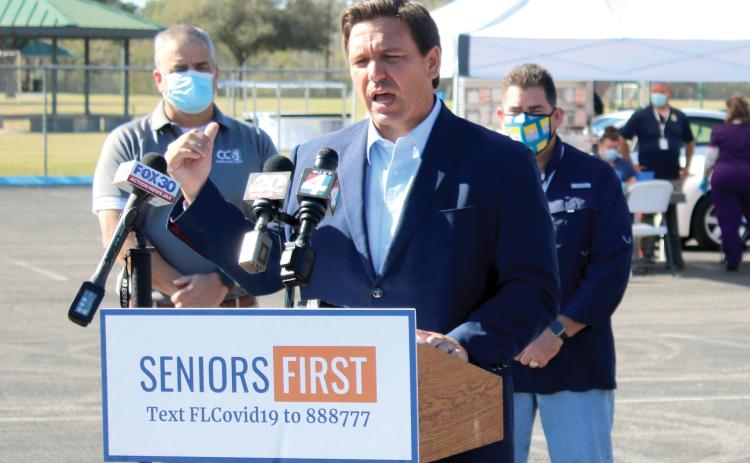 Gov. Ron DeSantis speaks to the media during a morning press conference at Southside Sports Complex on March 11, where he gave an update regarding the state’s covid vaccine effort. (FILE)