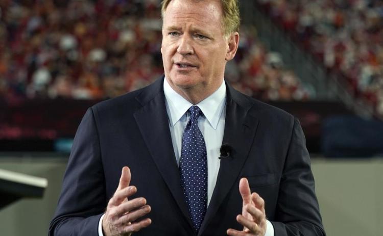 NFL Commissioner Roger Goodell talks during a ceremony as part of Super Bowl 55 on Feb. 5 in Tampa. (AP FILE)