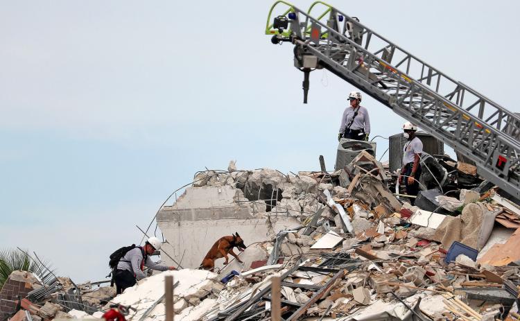 Search and Rescue workers along with K-9 units search the site of the 12-story oceanfront Champlain Towers South Condo, with more than 100 units at 8777 Collins Ave., that partially collapsed around 2 a.m. on Thursday, June 24, 2021 in Surfside. (MIKE STOCKER/South Florida Sun Sentinel/TNS)