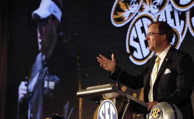 Missouri head coach Eliah Drinkwitz speaks to reporters during SEC Media Days on Thursday in Hoover, Ala. (BUTCH DILL/Associated Press)