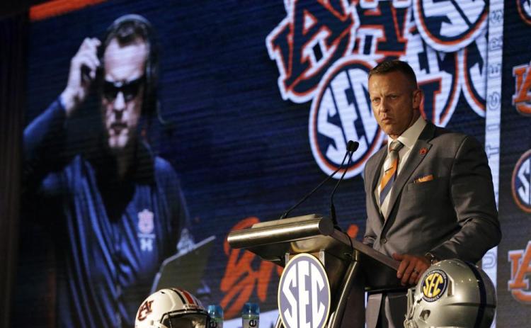 Auburn head coach Bryan Harsin speaks to reporters during SEC Media Days on Thursday in Hoover, Ala. (BUTCH DILL/Associated Press)