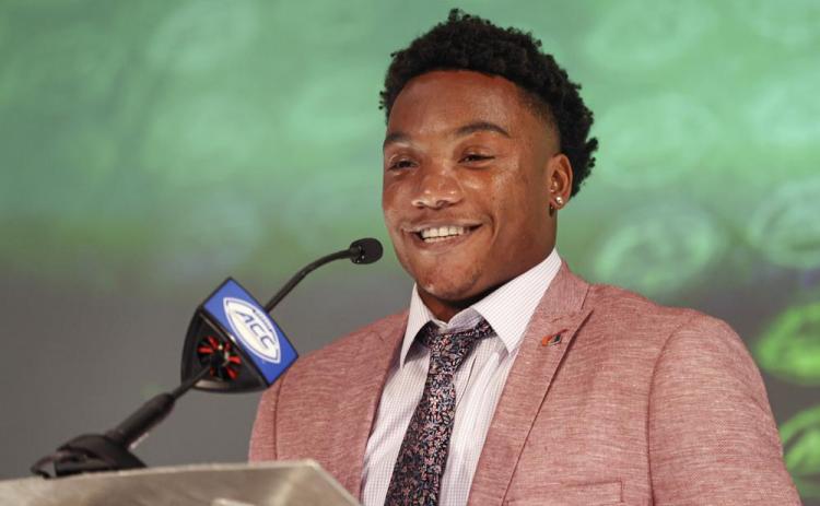 Miami quarterback D'Eriq King answers a question during ACC Kickoff media days on Wednesday in Charlotte, N.C. (NEIL REDMOND/Associated Press)