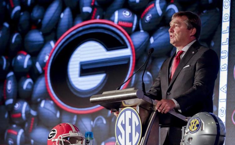 Georgia head coach Kirby Smart speaks to reporters during SEC Media Days on Tuesday in Hoover, Ala. (BUTCH DILL/Associated Press)