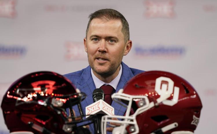 Oklahoma head football coach Lincoln Riley speaks from the stage during Big 12 media days on July 14 in Arlington, Texas. (LM TERO/Associated Press)