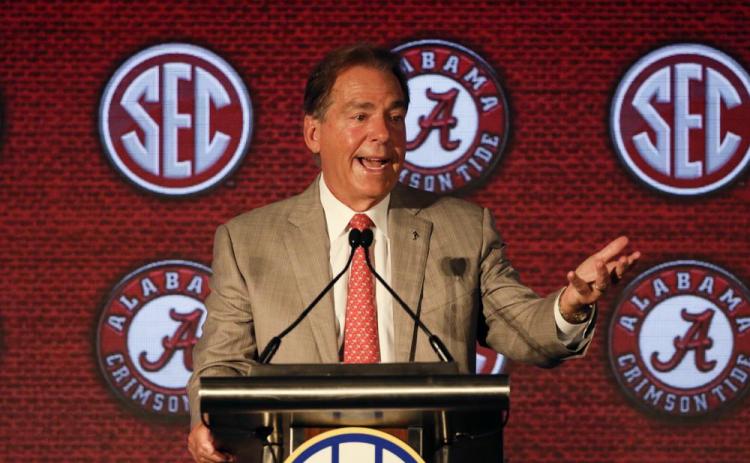 Alabama head coach Nick Saban speaks to reporters during SEC Media Days on Wednesday in Hoover, Ala. (BUTCH DILL/Associated Press)