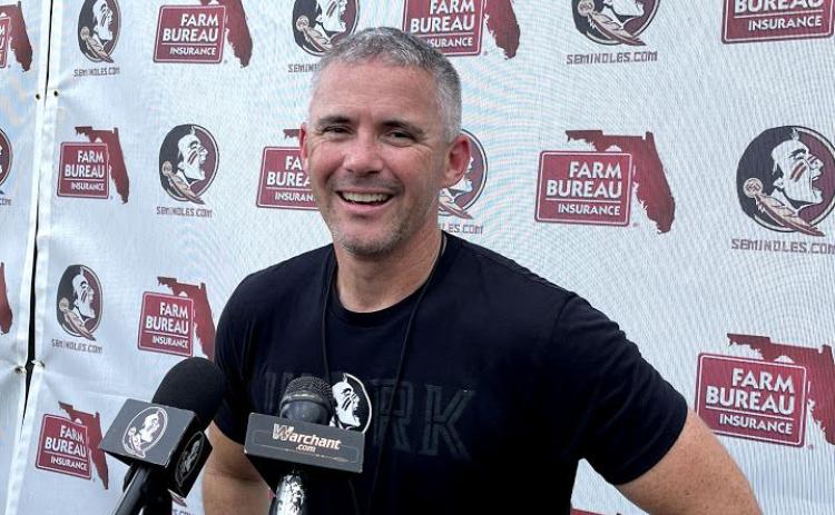 Florida State head coach Mike Norvell speaks to reporters in August. (MATT MURSCHEL/TNS)