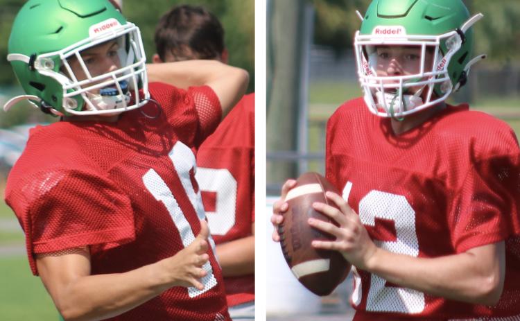 Suwannee quarterbacks Bronsen Tillotson (left) and Kodi Lang (right) drop back to pass during practice on Monday. (JAMIE WACHTER/Lake City Reporter)