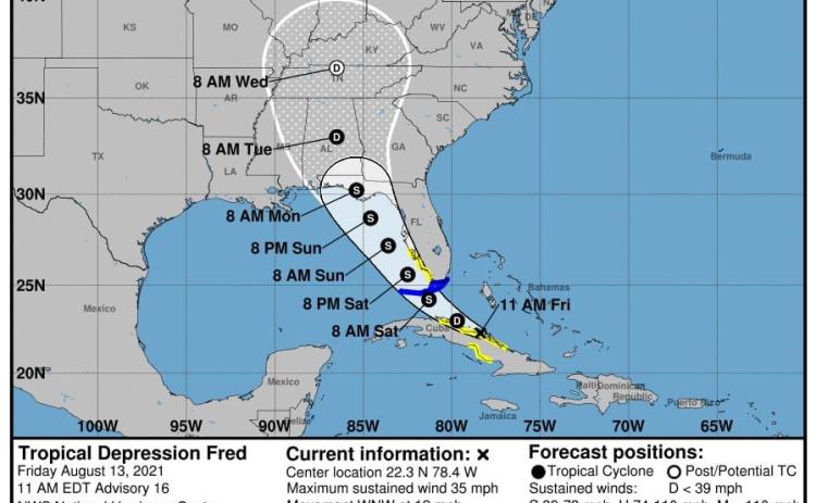 Current forecast cone for Tropical Depression Fred. (NOAA)