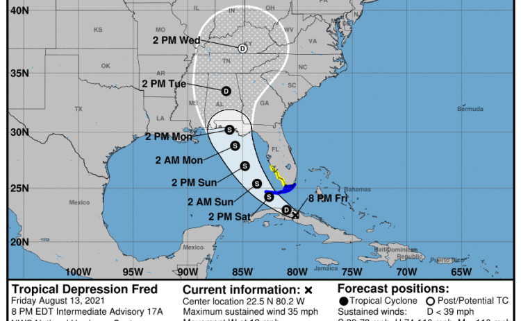 A Friday evening update from the National Oceanic and Atmospheric Administration shows Tropical Depression Fred’s center making landfall near the Florida panhandle on Monday. (COURTESY/NOAA)