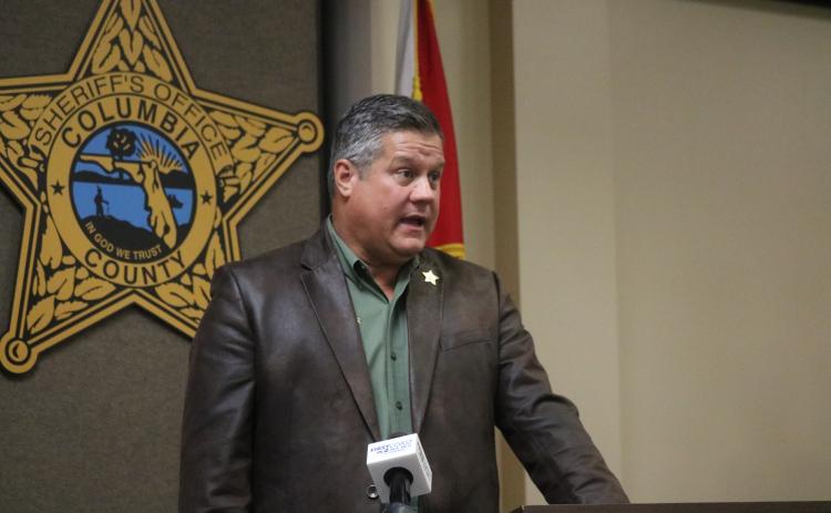 Columbia County Sheriff Mark Hunter speaks to the media at Monday’s press conference. (JAMIE WACHTER/Lake City Reporter)