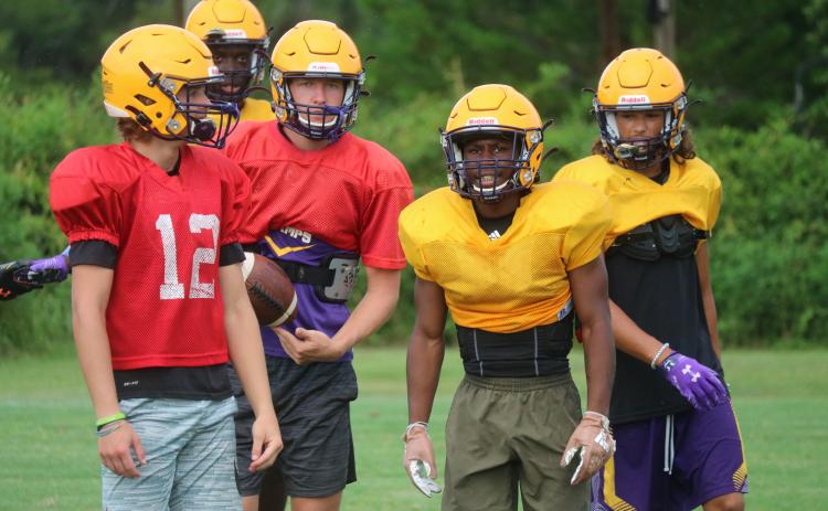 Columbia quarterback Evan Umstead (from left), receiver Brae Deal, quarterback Kade Jackson, running back Leo Robinson and receiver Jace Hoskey react after a play during practice on Aug. 6. (JORDAN KROEGER/Lake City Reporter)