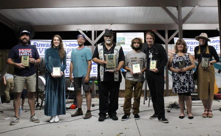 Finalists that competed in the fourth annual Suwannee Riverkeeper Songwriting contest included O’Brien’s KJ Wingate (from left), Katherine Ball, David Rodock, Sweet William Billy Ennis, Jimi Davies and his brother, Kathy Lou Gilman and Rachel Hillman. Not pictured are Brandon Fox and Lake City’s Rachel Grubb, who could not attend. (ANGELA DUNCAN/Courtesy of WWALS)