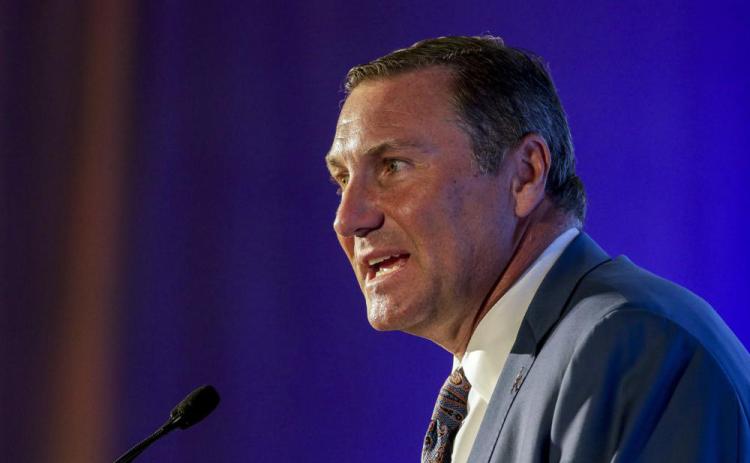 Florida head coach Dan Mullen speaks to reporters during SEC Media Days on July 19 in Hoover, Ala. (BUTCH DILL/Associated Press)