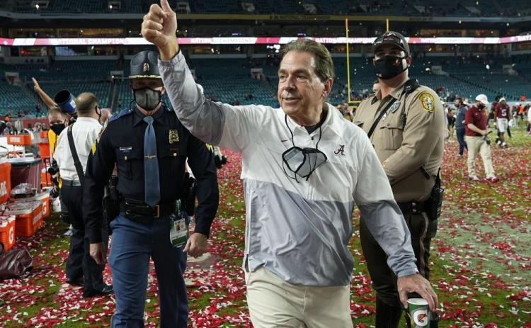 Alabama head coach Nick Saban leaves the field after the Crimson Tide's win against Ohio State in the College Football Playoff national championship game on Jan. 12 in Miami Gardens. (AP FILE)