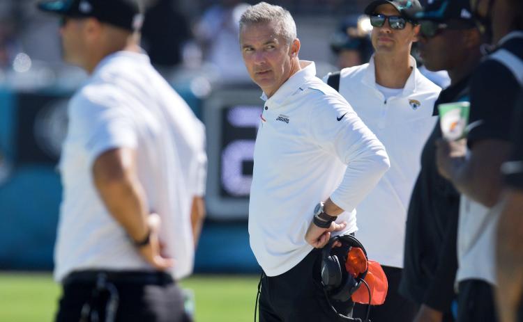 Jacksonville Jaguars head coach Urban Meyer looks down the sidelines during a game against the Arizona Cardinals at TIAA Bank Field on Sept. 26 in Jacksonville. (BOB SELF/Florida Times-Union/TNS)