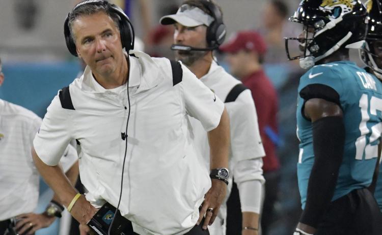 Jacksonville Jaguars head coach Urban Meyer looks down the sidelines during a preseason game against the Cleveland Browns at TIAA Bank Field on Aug. 14 in Jacksonville. (TRIBUNE NEWS SERVICE)