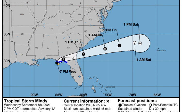The projected path for Tropical Storm Mindy. (NOAA)