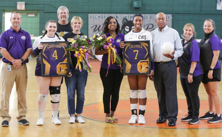 Columbia seniors Danielle Thomson (4) and Brandi Oliver (7) were honored for Senior Night prior to Tuesday’s match against Fort White. (BRENT KUYKENDALL/Lake City Reporter)