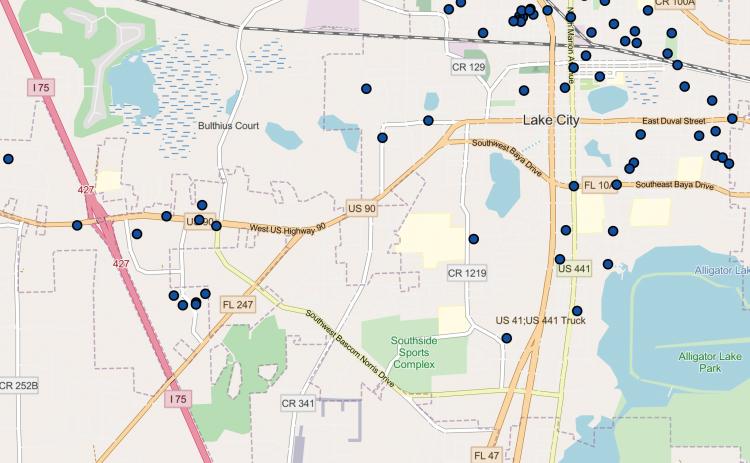 A map produced by the Lake City Police Department shows the approximate locations of discharged firearms since the beginning of the year through Thursday. 94 incidents have been reported since Jan. 1, 2021.