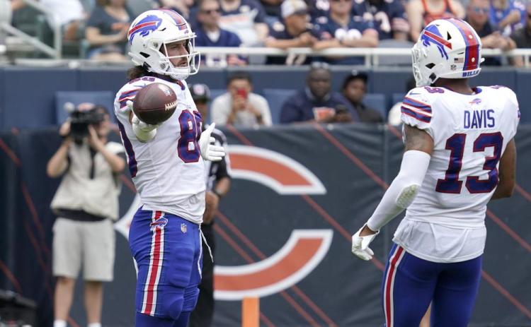 Buffalo Bills' Jacob Hollister celebrates his touchdown catch with Gabriel Davis during a preseason game against the Chicago Bears on Aug. 21 in Chicago. (NAM Y. HUH/Associated Press)
