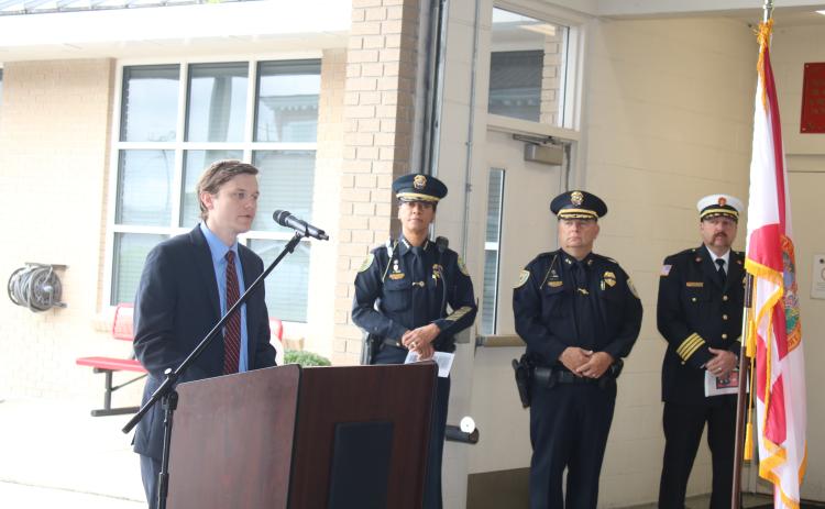 Staz Guntek, a legislative aide for Rep. Chuck Brannan, talks about his eyewitness account of the 9/11 attacks on Thursday. (TONY BRITT/Lake City Reporter)