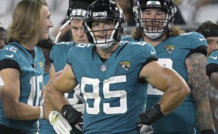 Former Jacksonville Jaguars tight end Tim Tebow (85) watches on the sideline during a preseason game against the Cleveland Browns on Aug. 14 in Jacksonville. (AP FILE)