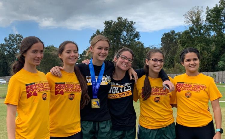 FGC women’s cross country team: Kyla Desmartin (from left), Kayla Desmartin, Ariel Anderson, Fallon Flynn, Savana Thomas and Merlin Leal. (COURTESY)