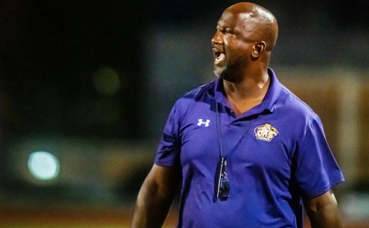 Columbia head coach Demetric Jackson yells out to his players during last Friday’s game against Orange Park. (FRAN RUCHALSKI/Special to the Reporter)