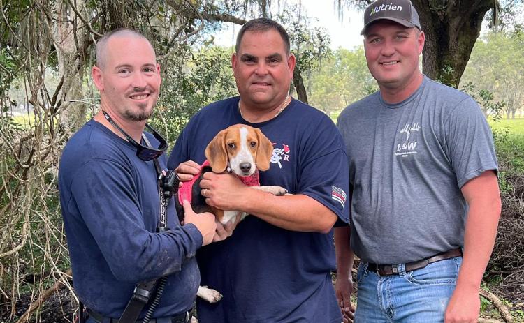 Suwannee County Fire Rescue’s Lt. Jacob Doyle (from left), Tad Cervantes and Adam McCook with Emmy after rescuing the six-month-old beagle puppy from a sinkhole Saturday. (COURTESY)
