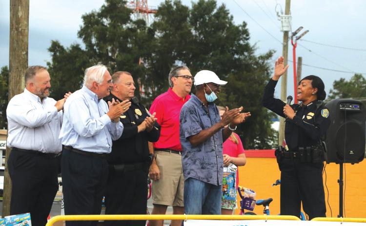Lake City Police Chief Argatha Gilmore (right) speaks during the National Night Out event on Oct. 5. (FILE)