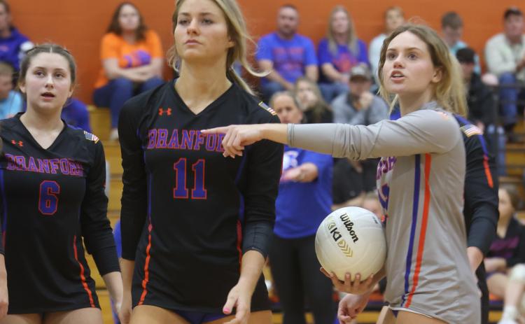 Branford libero Halleigh Ray Harris (right) questions a call during Tuesday’s Region 3-1A semifinal against Bell. (PAUL BUCHANAN/Special to the Reporter)