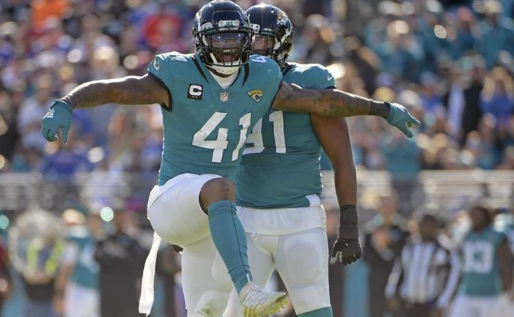 Jacksonville Jaguars linebacker Josh Allen (41) celebrates after sacking Buffalo Bills quarterback Josh Allen on Nov. 7 in Jacksonville. (PHELAN M. EBENHACK/Associated Press)