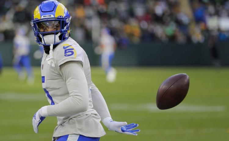 Los Angeles Rams' Jalen Ramsey warms up before a game against the Green Bay Packers on Sunday in Green Bay, Wis. (AARON GASH/Associated Press)