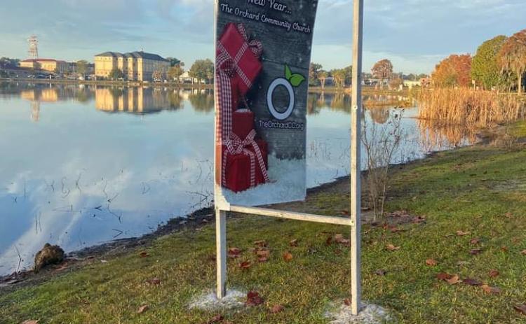 The Orchard Community Church sign on ‘Christmas Card Lane’ was vandalized Sunday night. (COURTESY)