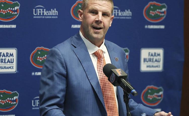 Florida head football coach Billy Napier speaks to the media during his introductory press conference on Sunday in Gainesville. (STEPHEN M. DOWELL/The Gainesville Sun via AP)