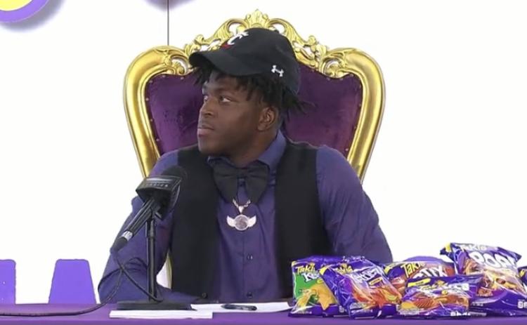 This still image from Bally Sports and the Stadium Network’s live US Army Bowl/Takis USA National Signing Day event on Wednesday shows Columbia receiver Marcus Peterson as he gets set to sign his letter of intent with Cincinnati. (COURTESY OF BALLY SPORTS/STADIUM NETWORK)