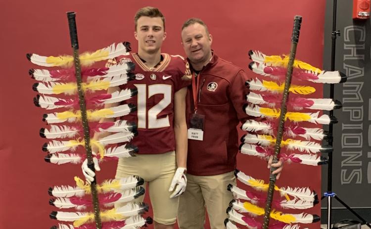 Suwannee receiver/outfielder Camdon Frier is pictured on his visit to Florida State with his father, Matt. (COURTESY)