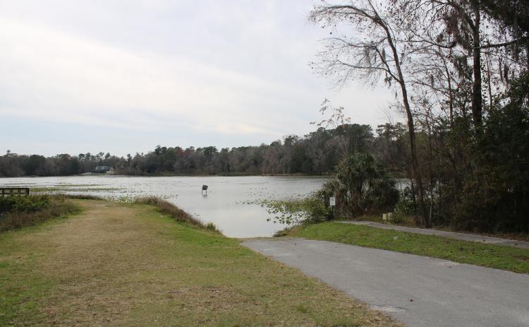 The fishing pier was removed from Lake Montgomery five years ago. The Florida Fish and Wildlife Conservation Commission is hoping it can finalize funding for a new dock soon. (TONY BRITT/Lake City Reporter)