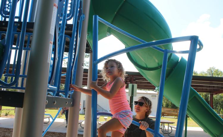 Sailor Hunter (left) plays on the jungle gym playset erected at Columbia City Park in July 2020. (FILE)